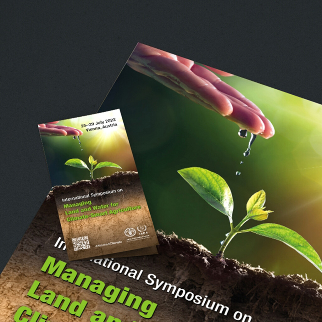 Abb.: Werner Design - Grafikdesign, Typografie - Close Up von Broschüre und Poster für ein IAEA/FAO Event, Hand tröpfelt Wasser auf Pflänzchen das aus Erde wächst, Thumbnail Bild